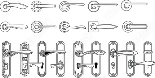 Collection of vintage and modern door handles, knobs, locks, and keyholes line art vector set isolated on white background editable