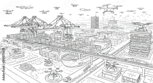 Industrial bridge infrastructure engineering sketch