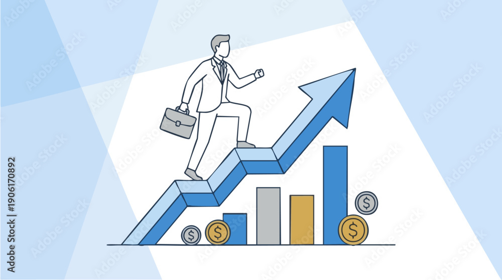 Fototapeta premium Businessman climbing growth graph upwards.