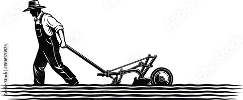Farmer plowing field with hand plow silhouette traditional agriculture cultivation rural worker farming soil preparation vector illustration