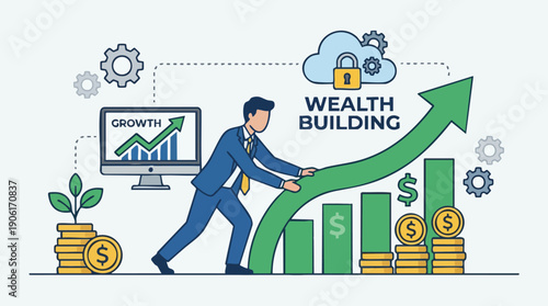 Businessman pushing growth wealth graph.
