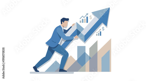 Businessman pushing growth chart upwards strongly.