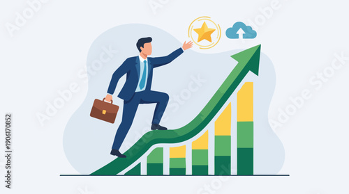 Businessman Reaching for Success Star.