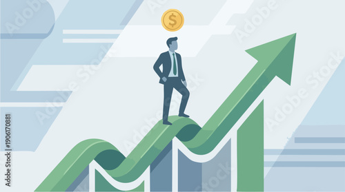 Businessman standing on growing graph arrow.