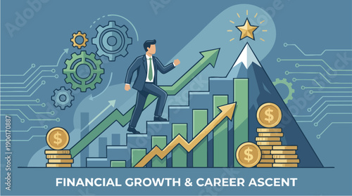 Businessman climbing growth graph upwards.