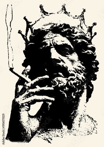 Stylized illustration of a kingly statue wearing a crown and smoking a cigarette, representing power, decadence, or modern royalty. Black ink on beige.