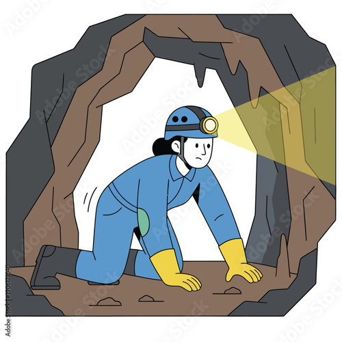 Female Spelunker Exploring Dark Cave with Headlamp