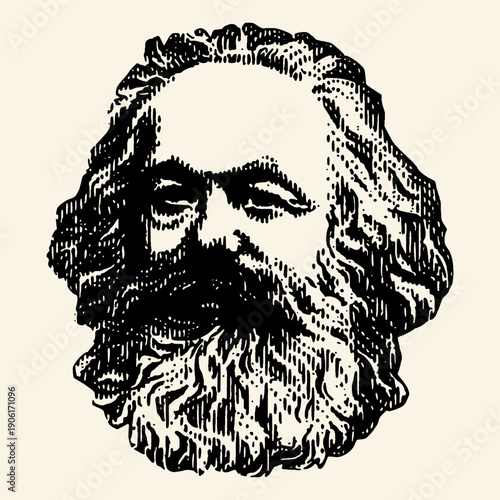 Vintage illustration of Karl Marx's head with a beard and intense gaze, representing communism, socialism, and political thought. Black ink on beige background.