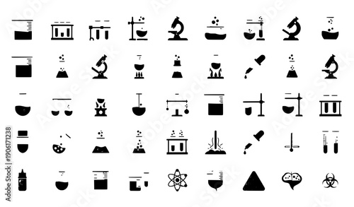 Chemistry laboratory experiment and glassware colored icon set vector