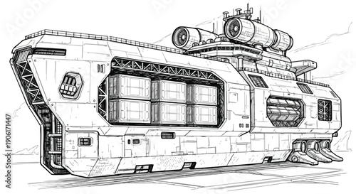 Futuristic mobile research station technical sketch