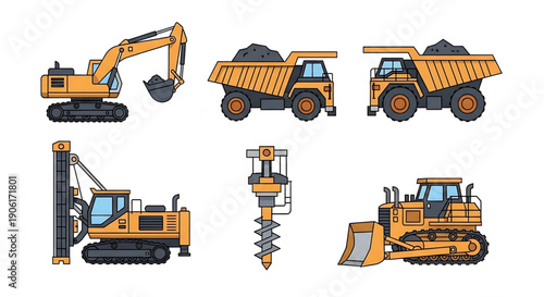 Collection of construction vehicles and equipment used in heavy industry and engineering projects