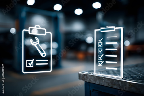 Checklists and tools are ready for service in a repair shop during the day with overhead lights shining on work areas