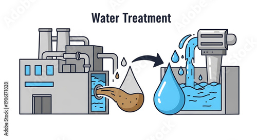 Sustainable water purification technology illustration detailing the industrial process of transforming polluted water into clean, safe, and reusable environmental liquid