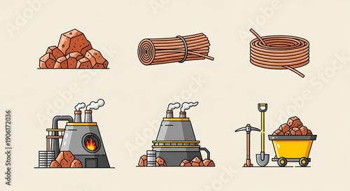 Set of six flat vector icons representing raw materials and industrial processes, including coal, lumber, copper wire, factories, and mining equipment