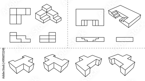 visualizing solid shapes, different views of 3d objects. vector illustration. SVG file available only on Adobe Stock.