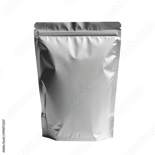 Blank Silver Foil Pouch Bag with Zipper, Food Packaging Mockup isolated on transparent background