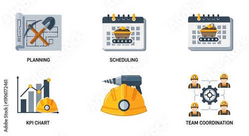 Vector icon set for construction and mining project management, covering planning, scheduling, safety, KPI charts, and team coordination in industrial operations