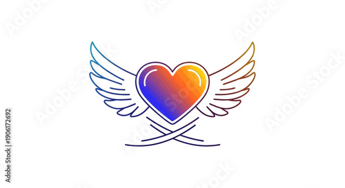 Vibrant gradient heart with stylized wings symbolizing love freedom and happiness