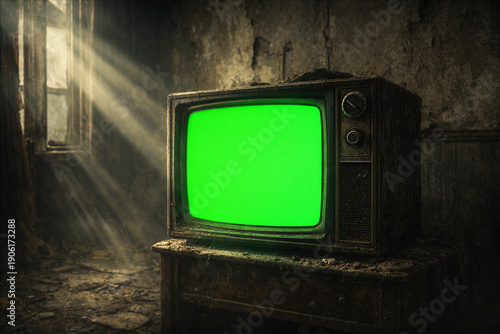 Wallpaper Mural Vintage television with a green screen, bathed in dramatic sunbeams in a dark, derelict room, creating a haunting or nostalgic atmosphere. Torontodigital.ca