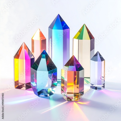Seven faceted, colorful, crystalline formations refract light, casting rainbows
