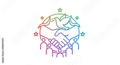 Vibrant rainbow line art illustration symbolizing global peace, unity, and diverse human cooperation