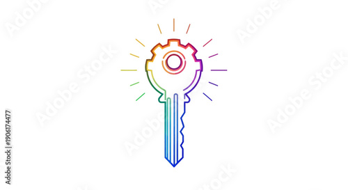 Rainbow gradient key with a gear symbolizing innovative solutions and unlockable potential