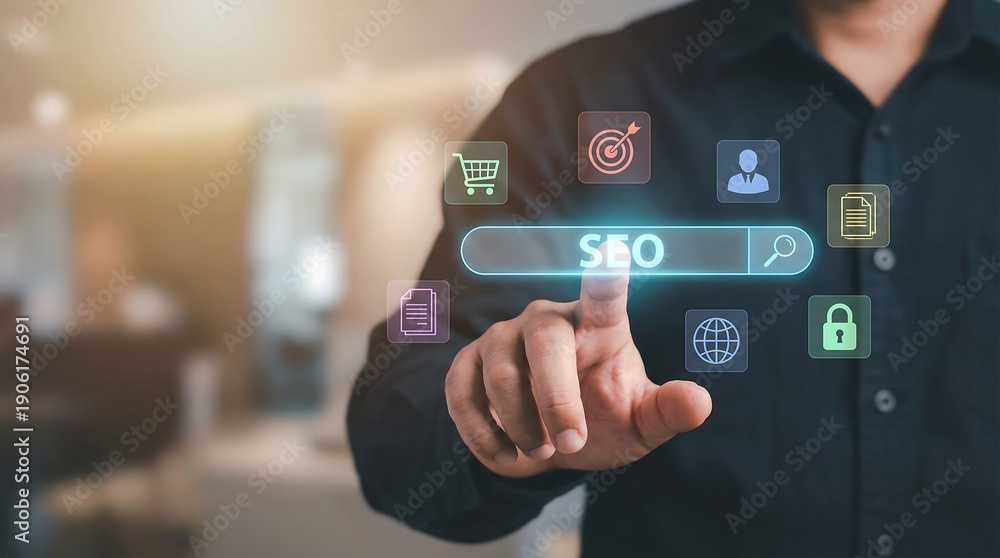 Naklejka premium This image illustrates the concept of SEO and digital marketing, with a hand touching a search bar surrounded by various relevant icons. It represents online presence and business growth.