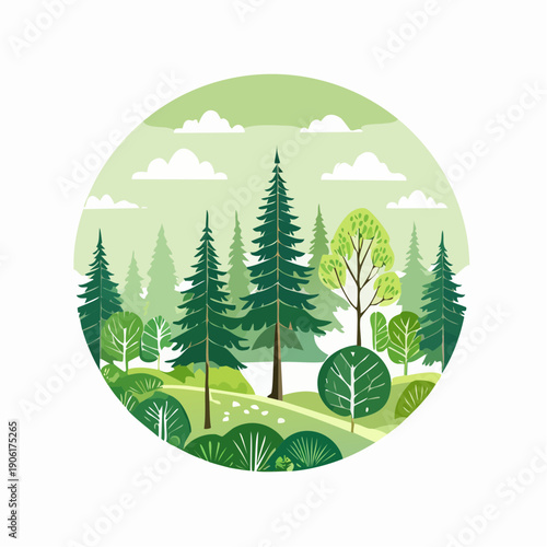 Stylized illustration of a lush green forest with a winding path and distant lake