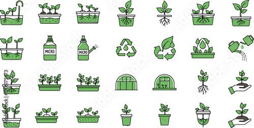 Hydroponic plant growth icons with roots, nutrient solutions, recycling, watering, greenhouse, hand planting, sustainable agriculture, modern cultivation symbols
