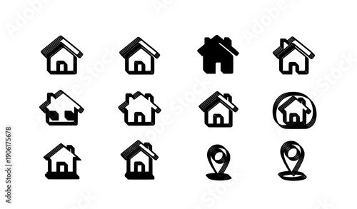 Web home icons pack with modern house symbols and navigation UI elements in minimal flat vector style isolated on white background