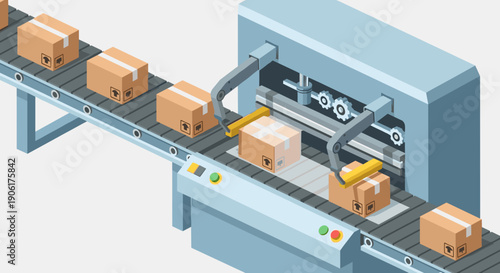 Automated Packaging Machine Processing Cardboard Boxes.