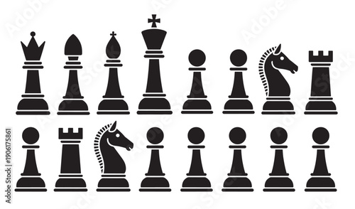 black and white chess pieces arranged in two rows on a white 