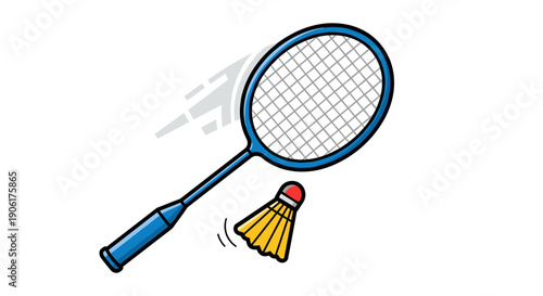 Blue Badminton Racket and Yellow Shuttlecock.