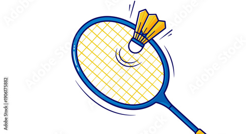Blue Badminton Racket Hitting Yellow Shuttlecock.