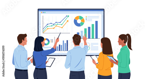 Business Team Reviewing Data on Large Screen.
