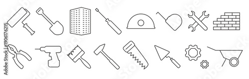 building construction and repair tools outline icons 
