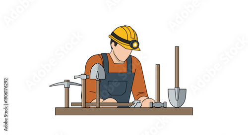 Construction Worker at Workbench with Tools.