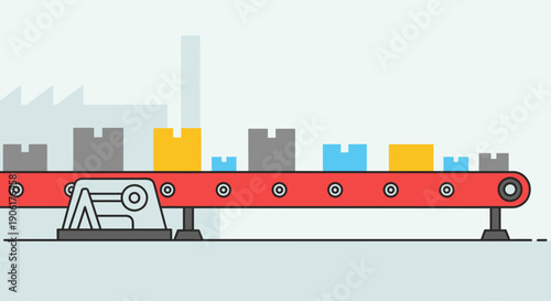 Conveyor Belt with Boxes and Pallets.
