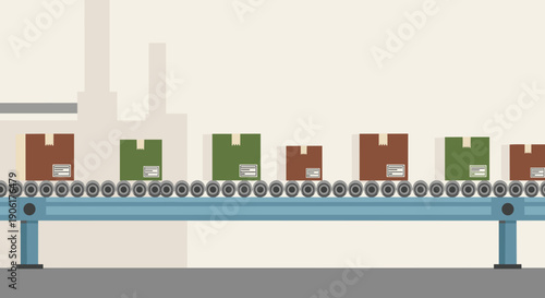 Conveyor Belt with Colored Cardboard Boxes.