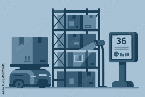 Automated Warehouse System with Robot and Digital Display.