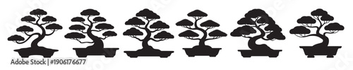collection of six stylized black silhouette bonsai trees in 