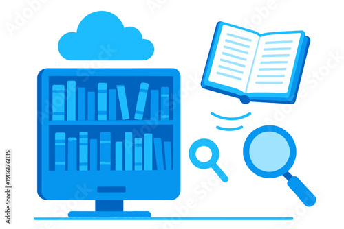 Digital Library Concept Online Bookshelf with Cloud Storage and Search Tools.