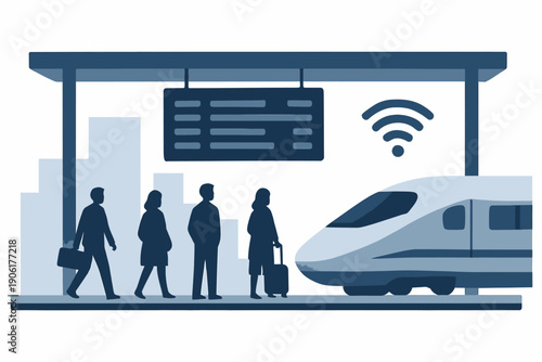 People waiting for a train at a modern station with WiFi.