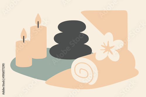Serene Spa Still Life with Candles Stones and Towels.