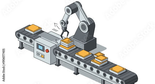 Industrial Robotic Arm on Conveyor Belt.
