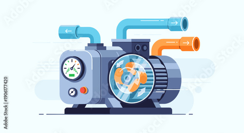 Industrial Water Pump with Pipes and Gauge.