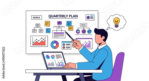 Man analyzing quarterly plan on laptop and graph.