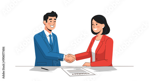 Man and woman shaking hands illustration.