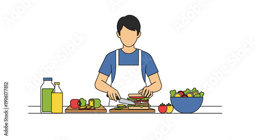 Man Preparing Fresh Salad in Kitchen.