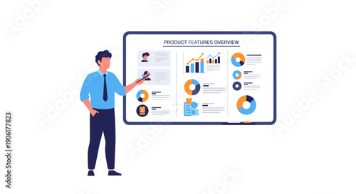 Man presenting data on digital screen.